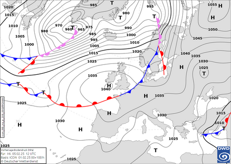 Vorhersage des Bodendrucks und der Frontensysteme für Mittwoch, den 05.02.2025 12 UTC. (Quelle DWD)