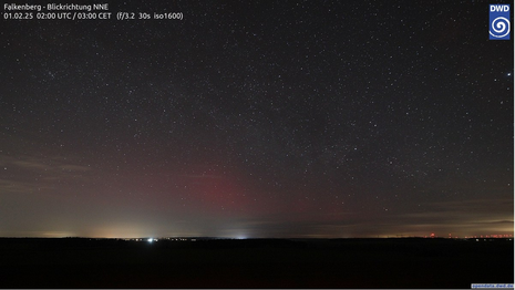 Webcambild vom 01.02.2025 02 UTC vom Falkenberg mit Blickrichtung NNE. Es sind mit leicht rötlicher Färbung Polarlichter am Sternhimmel zu sehen. (Quelle DWD)