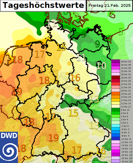 Deutschlandkarte zeigt die Tageshöchstwerte vom vergangenen Freitag, den 21. Februar 2025 (Quelle Deutscher Wetterdienst)