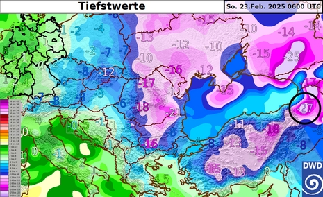 Kartenausschnitt zeigt Mittel- und Südosteuropa. Dargestellt sind die Tiefstwerte der vergangenen Nacht zum Sonntag, den 23. Februar 2025. (Quelle Deutscher Wetterdienst)