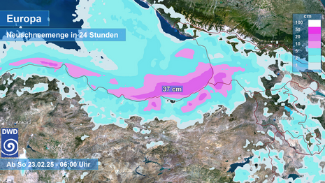 Kartenausschnitt zeigt Teile der Türkei, Georgien und Armenien. Dargestellt ist die vorhergesagte 24-stündige Neuschneemenge am Sonntag, den 23. Februar 2025. (Quelle Deutscher Wetterdienst)