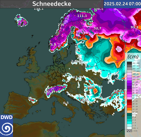 Europakarte mit Schneedecke in cm.