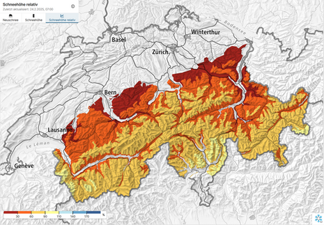 Alpenregionen der Schweiz unterteilt in Gebiete gleicher relativer Schneehöhe.