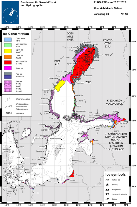 Karte der Ostsee mit Hervorhebung der eisbedeckten Regionen.