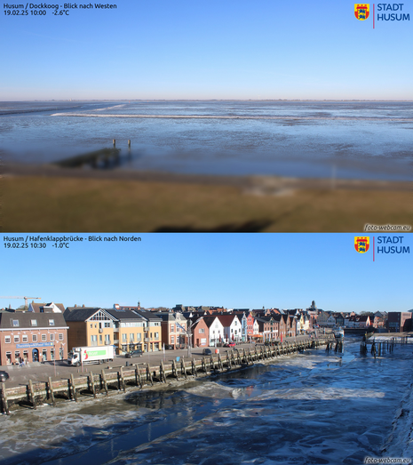 Blick in den Husumer Hafen und das trockengefallene Wattenmeer vor Husum, jeweils zum Teil mit Eis bedeckt.