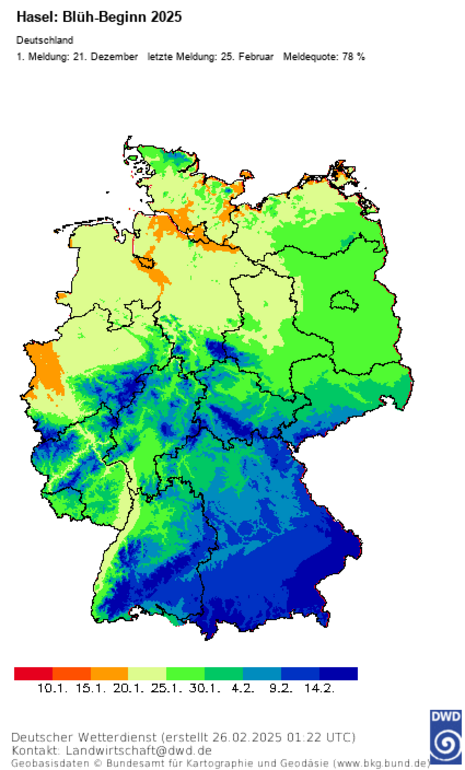 Karte von Deutschland. Regionen eingeteilt nach Blühbeginn der Hasel.