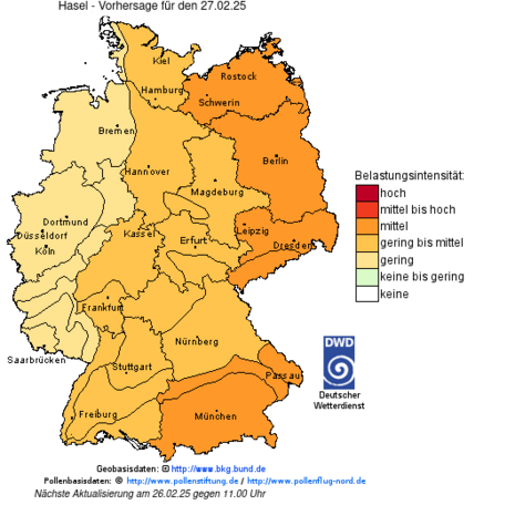 Karte von Deutschland mit Einteilung nach Naturräumen und Prognose der Pollenbelastung diese Naturräume.