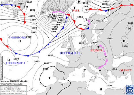 Kartenausschnitt vom Nordatlantik und Europa zeigt die Vorhersage des Bodenluftdrucks sowie der Luftmassengrenzen für den heutigen Freitag. (Quelle Deutscher Wetterdienst)