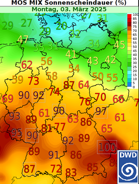 Darstellung einer Deutschlandkarte mit dem vorhergesagten Anteil an der maximal möglichen Sonnenscheindauer in Prozent für Montag, den 03. März 2025. (Quelle Deutscher Wetterdienst)