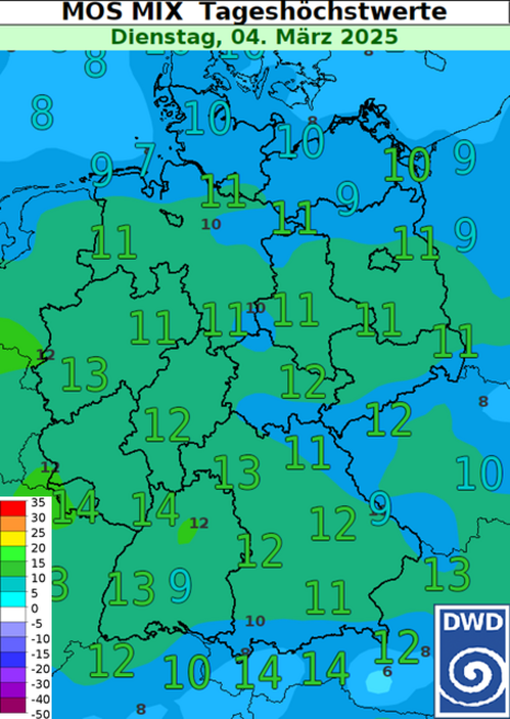 Darstellung einer Deutschlandkarte mit den vorhergesagten Tageshöchstwerten für Dienstag, den 04. März 2025. (Quelle Deutscher Wetterdienst)