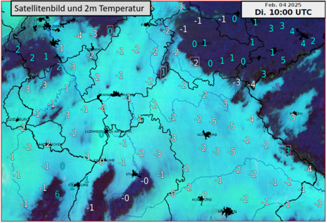 Diese Grafik zeigt das Satellitenbild und die Temperaturen für Dienstag, den 04.02.2024 um 10 UTC. (Quelle DWD)