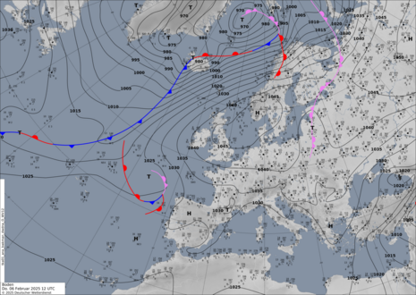 Analyse des Luftdrucks am Boden und der Fronten vom 06.02.2025, 12 UTC. (Quelle DWD)