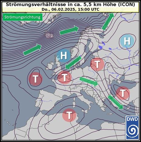 Strömungsverhältnisse in ca. 5,5 km Höhe am 06.02.2025, 15 UTC (Quelle DWD)