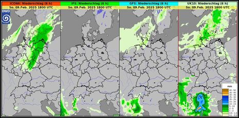 Modellvergleich: Prognose Niederschlagssumme (6 h) für Sonntag, 09.02. zwischen 12 und 18 UTC. (Quelle DWD)