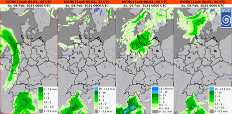 Vergleich verschiedener Prognoseläufe von ICON: Niederschlagssumme (6 h) für Sonntag, 09.02. zwischen 00 und 06 UTC. (Quelle DWD)