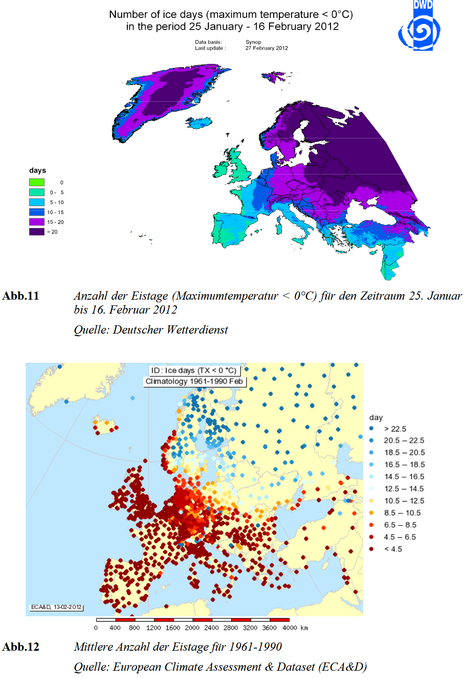 Eistage in Europa 2012 und im langjährigen Mittel (Quelle **)