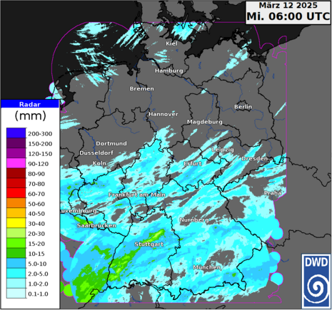 Aus Radardaten abgeleitete Niederschlagsmengen in Liter pro Quadratmeter seit dem 01. März (Quelle Deutscher Wetterdienst)