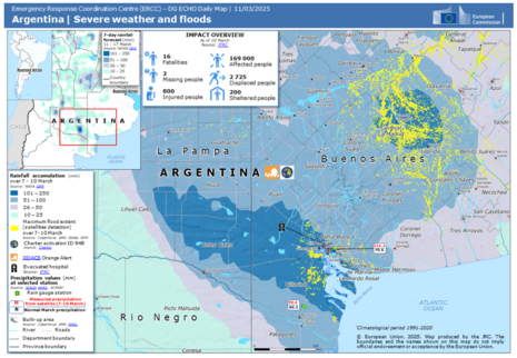 Grafik des europäischen Emergency Response Coordination Centre mit der von Überschwemmungen betroffenen Region rund um die argentinische Hafenstadt Bahía Blanca (Quelle https://erccportal.jrc.ec.europa.eu/ECHO-Products/Maps#/maps/latest)