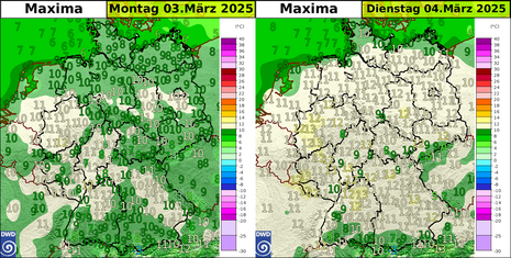 Prognostizierte Höchsttemperaturen am Montag (links) und Dienstag (rechts) mit Werten zwischen 8 und 14 Grad. (Quelle Deutscher Wetterdienst)