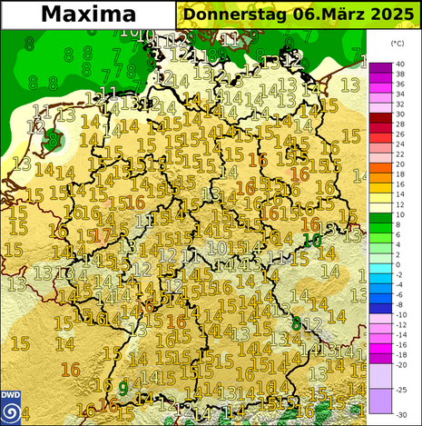 Prognostizierte Höchsttemperaturen am Donnerstag mit Werten zwischen 12 und 17 Grad. (Quelle Deutscher Wetterdienst)