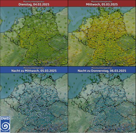 Vorhersage der Höchst- und Tiefsttemperaturen in Deutschland von Dienstag (04.03.) bis zur Nacht zum Donnerstag (06.03.2025) (Quelle Deutscher Wetterdienst)