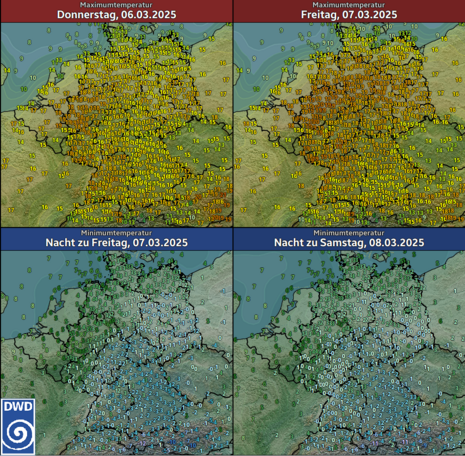 Vorhersage der Höchst- und Tiefsttemperaturen in Deutschland von Donnerstag (06.03.) bis zur Nacht zum Samstag (08.03.2025) (Quelle Deutscher Wetterdienst)