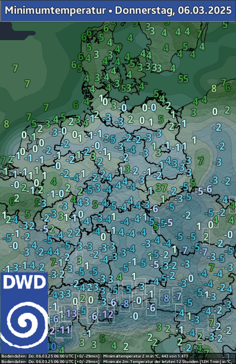 Deutschlandkarte mit eingetragenen Tiefstwerten ausgewählter Stationen für den 06.03.2025 (Quelle DWD)