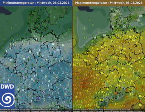 Deutschlandkarte mit eingetragenen Tiefst- und Höchstwerten ausgewählter Stationen für den 05.03.2025 (Quelle DWD)