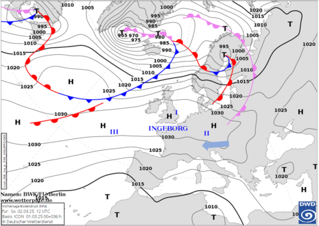 Diese Grafik zeigt die Analysekarte für Sonntag, den 02.03.2025 um 12 UTC.