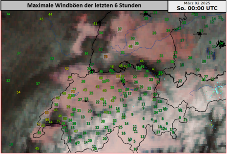 Diese Grafik zeigt die maximalen Windböen der letzten 6 Stunden bis zum Sonntag, den 02.03.2025 um 00 UTC.