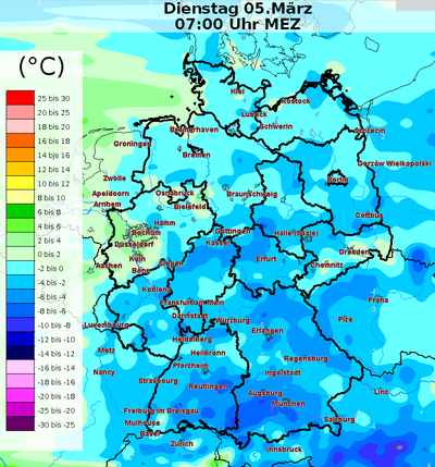 Heute morgen war es vielerorts wieder frostig, mit den niedrigsten Werten über den noch vorhandenen Schneeflächen im Süden des Landes