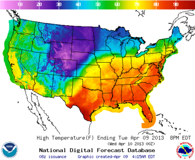 Höchsttemperaturen USA, Dienstag 9. April